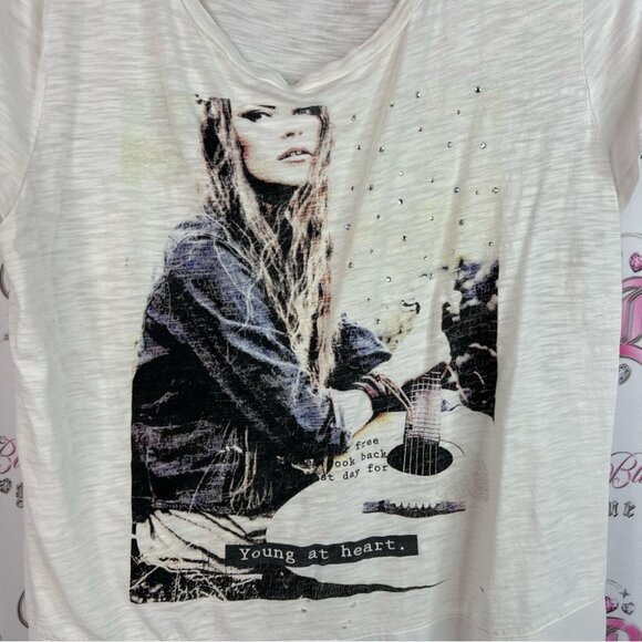 Express tshirt 2 tone mesh bottom hem bling White Graphic Short Sleeve Tee - Picture 5 of 9